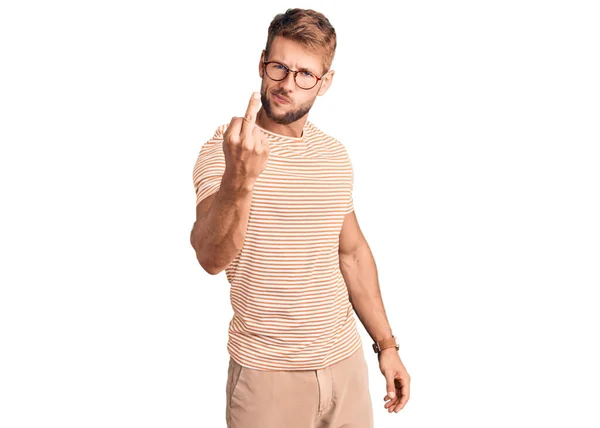 Young Caucasian Man Wearing Casual Clothes Glasses Showing Middle Finger — Zdjęcie stockowe