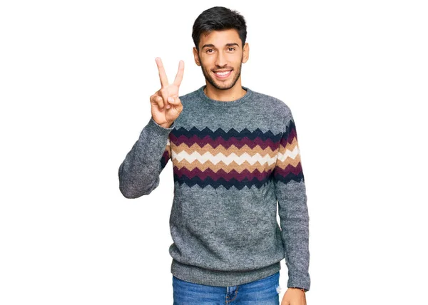 Jovem Homem Bonito Vestindo Camisola Inverno Casual Mostrando Apontando Para — Fotografia de Stock