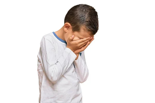 Adorable Caucasian Kid Wearing Casual Clothes Sad Expression Covering Face — Stock Photo, Image