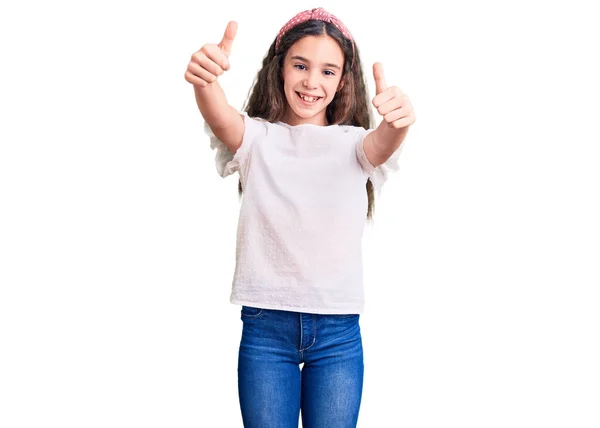 Cute Hispanic Child Girl Wearing Casual White Tshirt Approving Doing — Stock Photo, Image