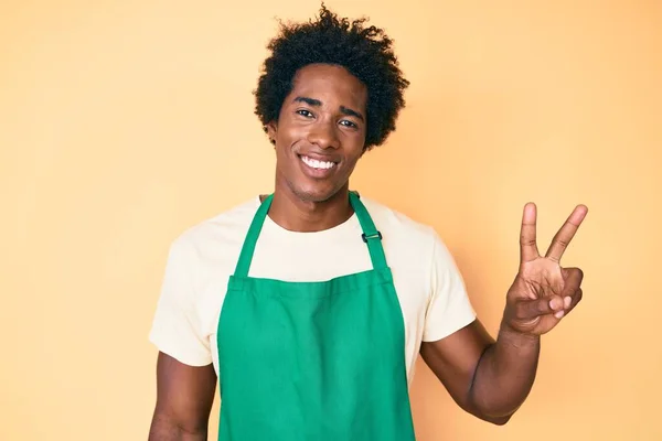 Handsome African American Man Afro Hair Wearing Waiter Apron Smiling — Stock Photo, Image