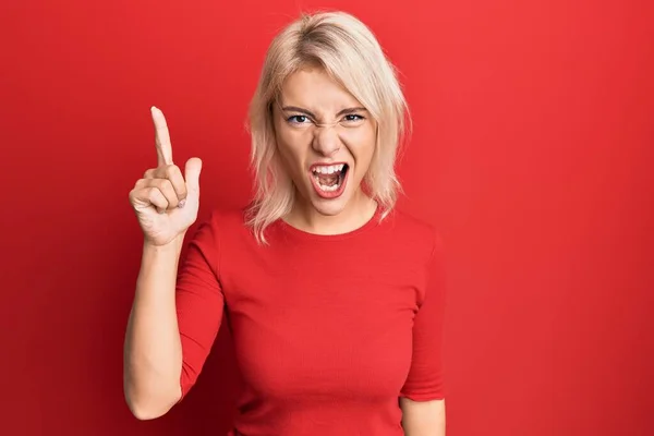 Young Blonde Girl Wearing Casual Clothes Pointing Finger Successful Idea — Stock Photo, Image
