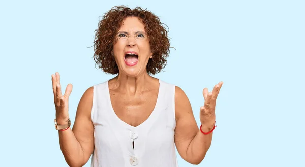 Beautiful Middle Age Mature Woman Wearing Casual White Shirt Crazy — Stock Photo, Image