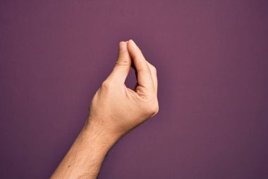İzole edilmiş mor arka planda parmaklarını gösteren beyaz bir gencin eli parmaklarıyla İtalyanca jest yapıyor, iletişim hareketi yapıyor.