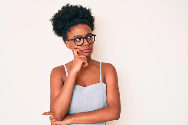 Young African American Woman Wearing Casual Clothes Glasses Serious Face — Stock Photo, Image