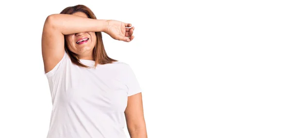 Middle Age Latin Woman Wearing Casual White Tshirt Covering Eyes — Stock Photo, Image