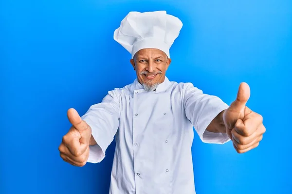 Middle Age Grey Haired Man Wearing Professional Cook Uniform Hat — Fotografia de Stock