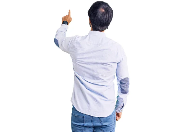 Handsome Hispanic Man Wearing Business Shirt Glasses Posing Backwards Pointing — Stock Photo, Image