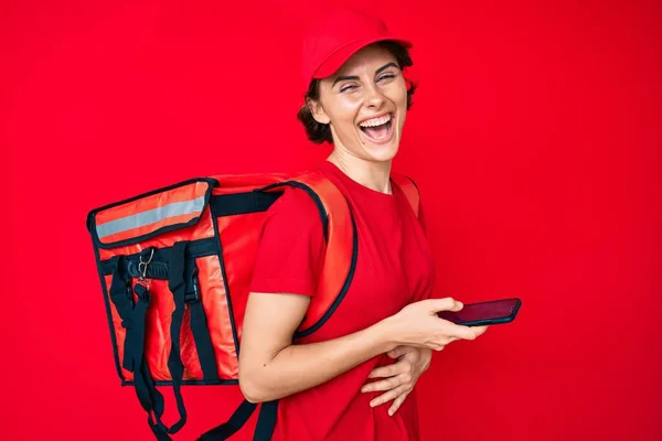 Young Hispanic Woman Holding Delivery Box Calling Assistance Smiling Laughing — Stock Photo, Image