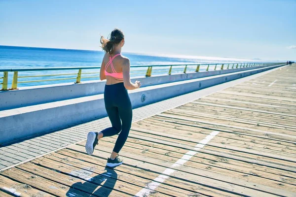 Young Blonde Sportswoman Running Promenade — Stock Photo, Image