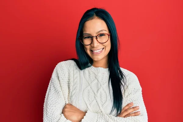 Mulher Hispânica Bonita Vestindo Camisola Casual Óculos Rosto Feliz Sorrindo — Fotografia de Stock