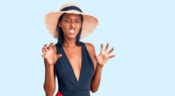 Young African American Woman Wearing Swimsuit Summer Hat Smiling Funny — Foto Stock