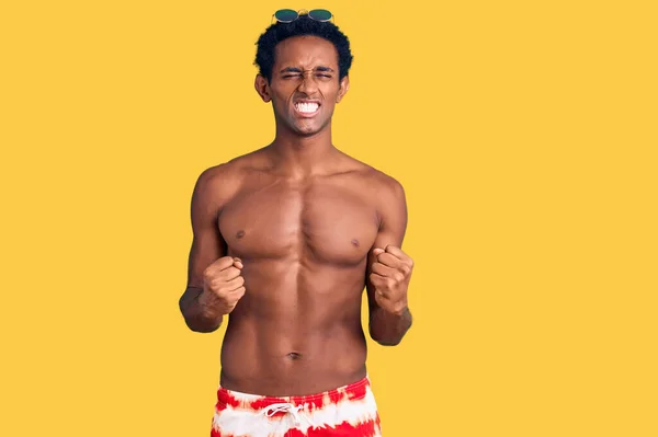 African Handsome Man Wearing Swimsuit Sunglasses Very Happy Excited Doing — Foto Stock