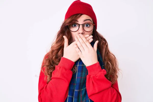 Young Beautiful Woman Wearing Casual Winter Scarf Glasses Shocked Covering — Stock Photo, Image