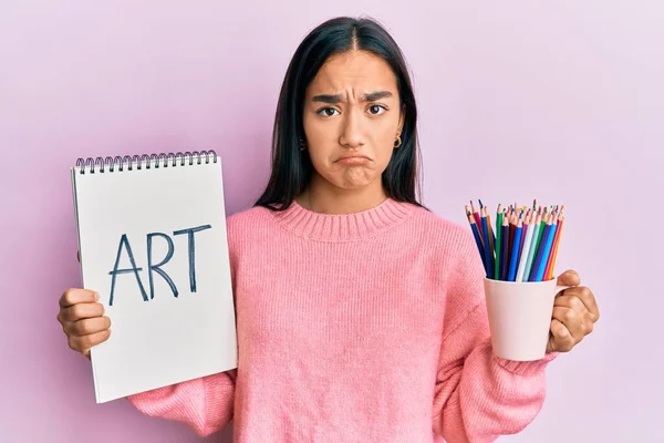 Young Asian Woman Holding Art Notebook Colored Pencils Depressed Worry — ストック写真
