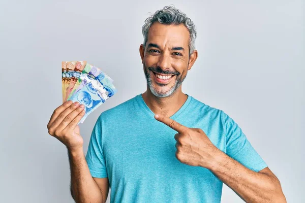 Hombre Pelo Gris Mediana Edad Sosteniendo Dólares Canadienses Sonriendo Feliz —  Fotos de Stock