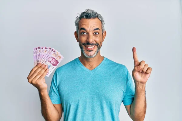 Hombre Pelo Gris Mediana Edad Sosteniendo Pesos Mexicanos Sonriendo Con —  Fotos de Stock