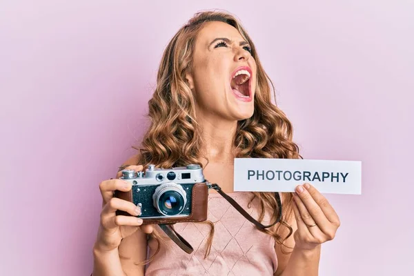 Young Blonde Girl Holding Vintage Camera Paper Photography Word Paper — Stok Foto