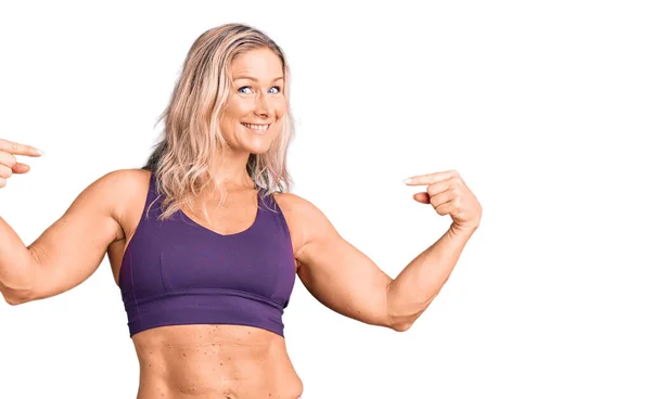 Middle Age Fit Blonde Woman Wearing Sportswear Looking Confident Smile — Stockfoto