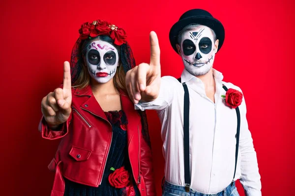 Couple Wearing Day Dead Costume Red Pointing Finger Angry Expression — ストック写真