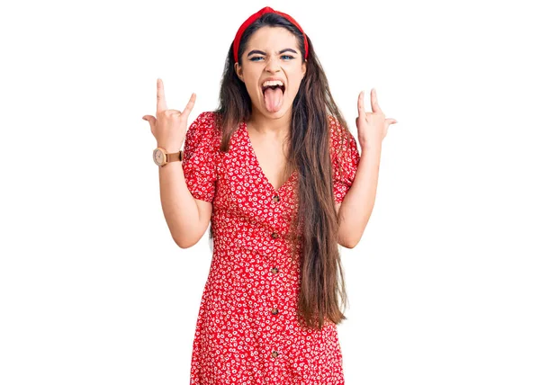 Brunette Teenager Girl Wearing Summer Dress Shouting Crazy Expression Doing — Stock Photo, Image