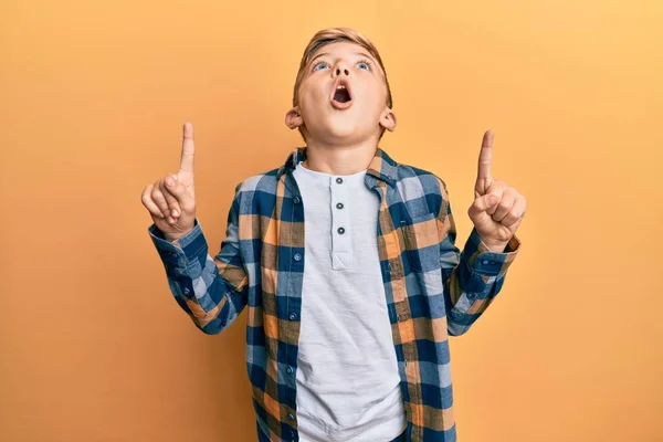 Cute Blond Boy Kid Wearing Casual Clothes Smiling Hands Chest — Stock Photo, Image