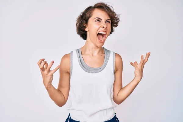 Jonge Latijns Amerikaanse Vrouw Draagt Sportkleding Gek Gek Schreeuwen Schreeuwen — Stockfoto