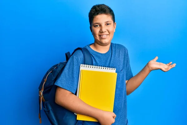 Hispanic Teenager Boy Wearing Student Backpack Holding Books Doing Sign — Stock Photo, Image
