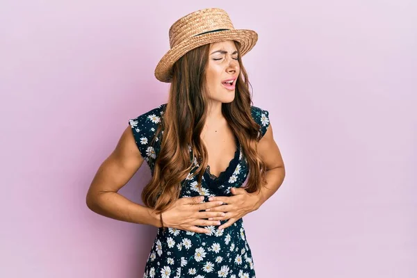 Young Brunette Woman Wearing Summer Hat Hand Stomach Because Nausea — Stok fotoğraf