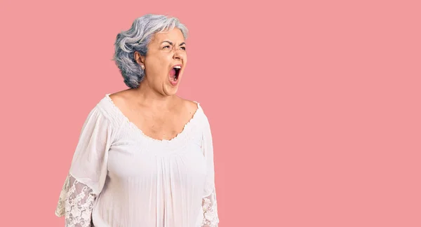 Senior Woman Gray Hair Wearing Bohemian Style Angry Mad Screaming — Stockfoto