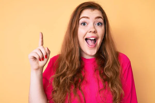 Young Redhead Woman Wearing Casual Clothes Smiling Idea Question Pointing — Stock Photo, Image