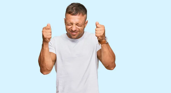 Handsome Muscle Man Wearing Casual White Tshirt Excited Success Arms — Stock Photo, Image