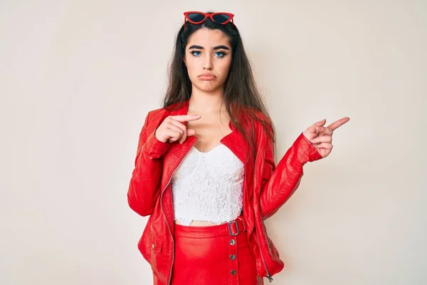 Brunette Teenager Girl Wearing Red Leather Jacket Relaxed Serious Expression — Stock Photo, Image
