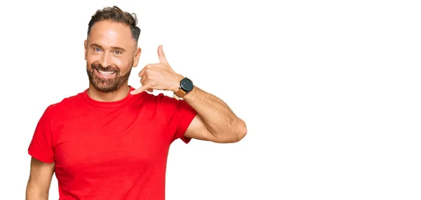 Handsome Middle Age Man Wearing Casual Red Tshirt Smiling Doing — Stock Photo, Image