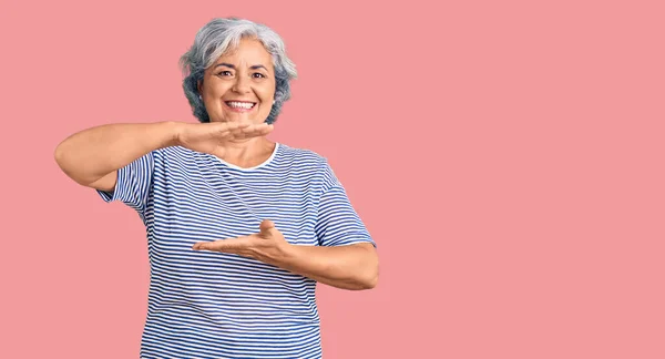 Senior Woman Gray Hair Wearing Casual Striped Clothes Gesturing Hands — Foto de Stock