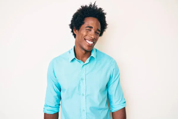 Handsome African American Man Afro Hair Wearing Casual Clothes Winking — Stock Photo, Image