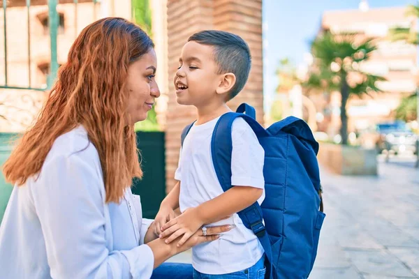 Adorable Latin Student Boy Mom Walking City — Stock Photo, Image