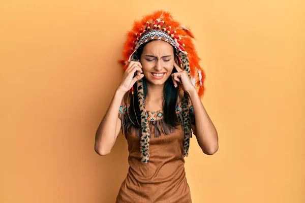 Young Brunette Woman Wearing Indian Costume Covering Ears Fingers Annoyed — Stock Photo, Image