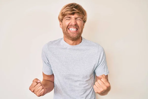 Young Blond Man Wearing Casual Clothes Very Happy Excited Doing — Stock Photo, Image