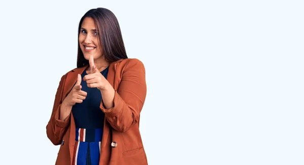 Young Beautiful Brunette Woman Wearing Elegant Clothes Pointing Fingers Camera — Stock Photo, Image