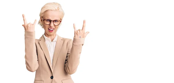 Young Blonde Woman Wearing Business Clothes Glasses Shouting Crazy Expression — Stock Photo, Image