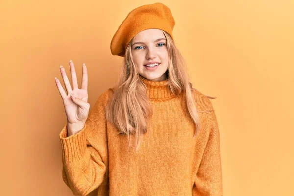 Beautiful Young Caucasian Girl Wearing French Look Beret Showing Pointing — Stock Photo, Image