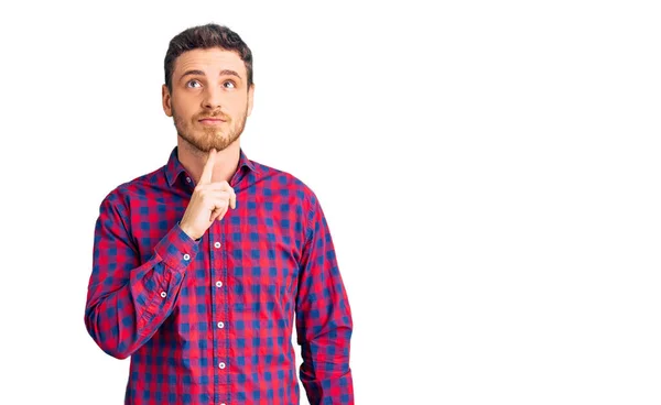 Handsome Young Man Bear Wearing Casual Shirt Thinking Concentrated Doubt — Stock Photo, Image