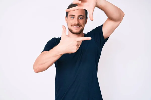 Young Handsome Man Wearing Casual Clothes Smiling Making Frame Hands — Stock Photo, Image