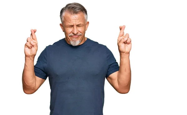 Middle Age Grey Haired Man Wearing Casual Clothes Gesturing Finger — Stock Photo, Image