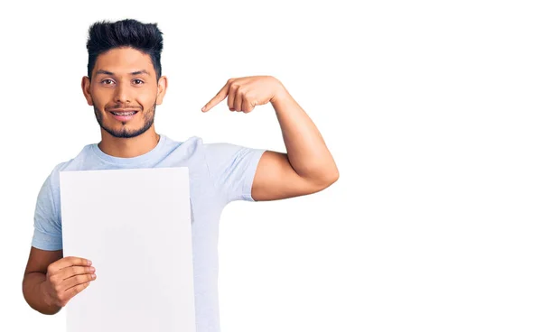 Handsome Latin American Young Man Holding Cardboard Banner Blank Space — Stock Photo, Image