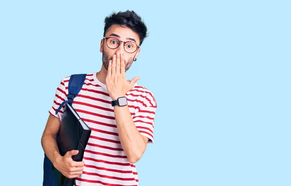Young Hispanic Man Wearing Student Backpack Glasses Holding Binder Covering — Stock Photo, Image