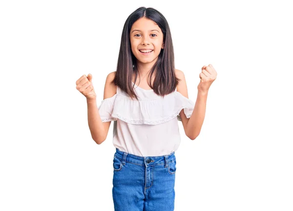 Beautiful Child Girl Wearing Casual Clothes Celebrating Surprised Amazed Success — Stock Photo, Image