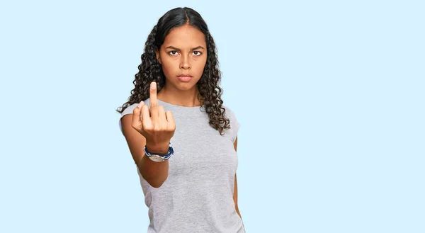 Young African American Girl Wearing Casual Clothes Showing Middle Finger — Stock Photo, Image