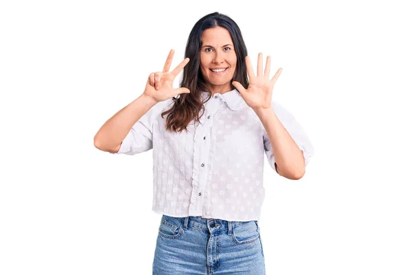 Young Beautiful Brunette Woman Wearing Casual Shirt Showing Pointing Fingers — Stock Photo, Image